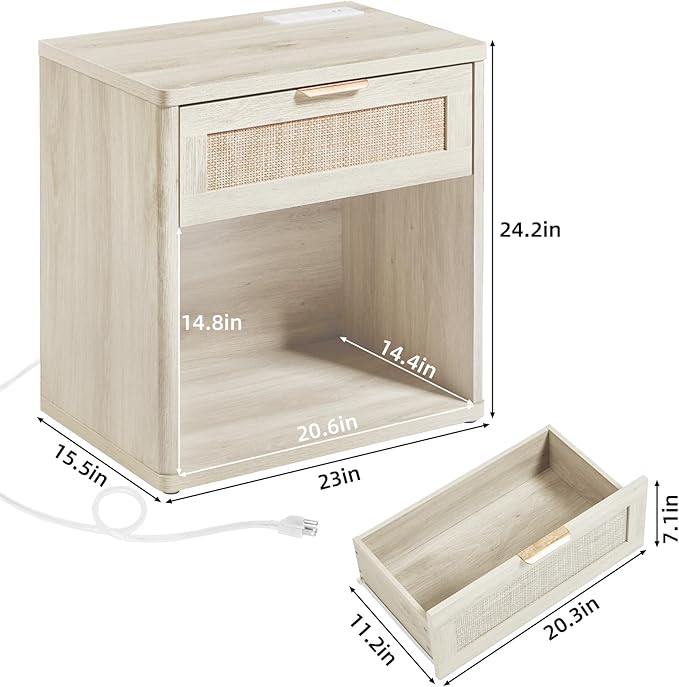 LEYAOYAO Rattan Nightstands Set of 2 with Charging Station, 23" Wide Boho Night Stand with Drawer, Grey White Bedside Table Open Cabinet, Bed Side End Table Dresser for Bedroom, Living Room, Hallway