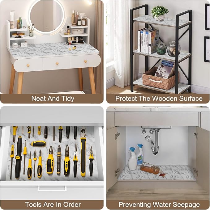 OcePor Non-Adhesive Drawer and Shelf Liner 24IN x 20FT，Non Slip Cabinet and Cupboard Liner, Kitchen Cabinet Liners for Shelves, Waterproof Drawer Shelf Liners for Cabinets/Bathroom Cupboard, Marble