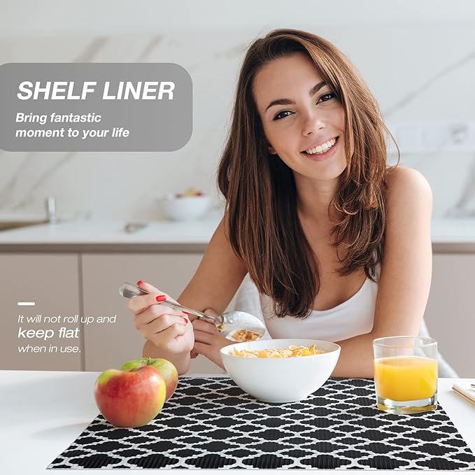 Glotoch Shelf Liners for Kitchen Cabinets 12” x 20 ft, Non Slip Drawer Liner, Waterproof Cabinet Liner for Wire/Pantry/Closet/Dresser-Non Adhesive, Heavy Duty, Quatrefoil, Black&White