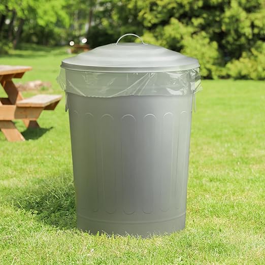 Plexon Round Trash Can 13 Gallon, Vintage Metal Outdoor Trash Can with Lid, Retro Farmhouse Garbage Container, Old School Modern Ash Bucket, Gray
