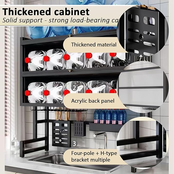 Dish Drying Rack 4 Tiers with Cover, Keep Kitchen Sink Shlef Organized Space-Saving, Large Drying Rack for Dishes, Glasses, Bowls, Cutlery black W-37.4in