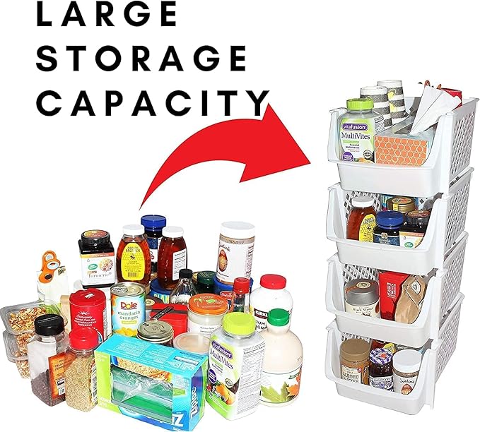 Skywin Plastic Stackable Storage Bins for Pantry - Stackable Bins for Organizing Food, Kitchen, and Bathroom Essentials (White - 50 Pack)