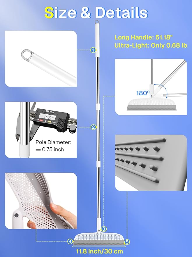 Floor Squeegee & Broom with Long Handle, 180° Rotating Head Silicone Blade Removes Water & Pet Hair | Squeegee for Tile, Shower Glass, Windows, Garage, Deck & Patio