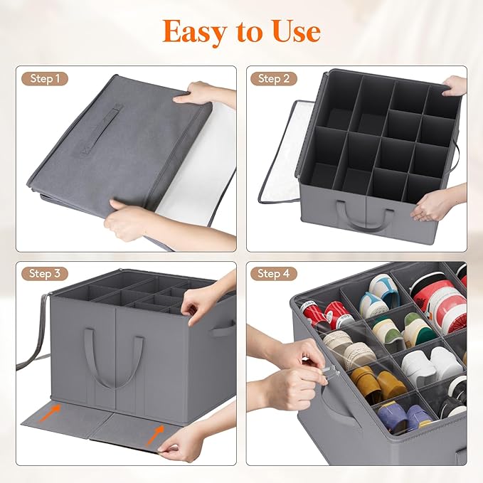 Lifewit Shoe Storage Organizer for Closet Fits 12-16 Pairs, Fabric Large Shoe Box Storage Containers with Clear Cover, Foldable Bins Fit for Boots Heels Sneakers 17"(L) x 17"(W) x 12.5"(H) 2 Pack Gray