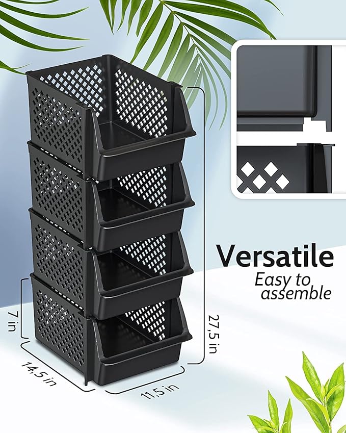 Skywin TidyFriend Plastic Stackable Storage Bins for Pantry, 24 Pack Stackable Bins for Organizing Food, Kitchen, and Bathroom Essentials (Black)