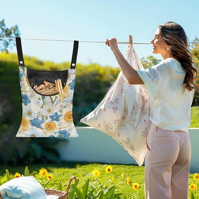 Floral Clothespin Bag with Hanging Rope Daffodil 14.5 x 12 Inch Summer Waterproof Laundry Clothes Pin Holder Clothespin Storage Organizer with Large Opening