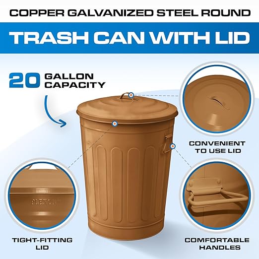 Plexon Round Trash Can 13 Gallon, Vintage Metal Outdoor Trash Can with Lid, Retro Farmhouse Garbage Container, Old School Modern Ash Bucket, Copper