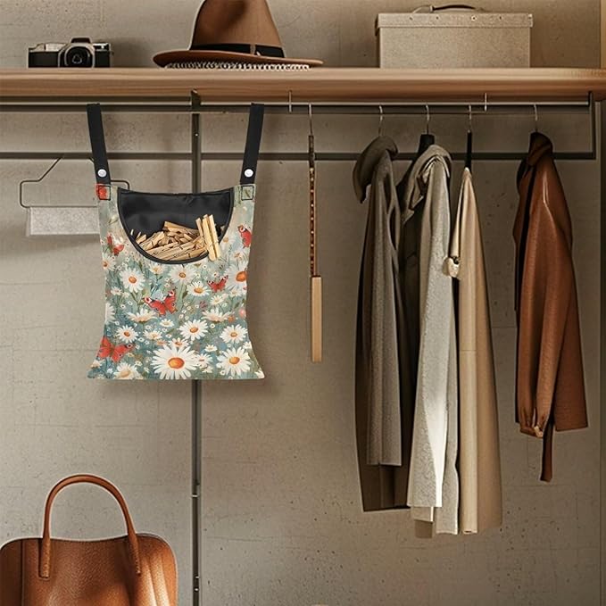 Daisy Clothespin Bag Butterfly Laundry Hanging Storage Organizer Clothes Pin Hanging Bags with Rope Clothespin Holder with an Space-Saving Opening for Clothesline Outdoor