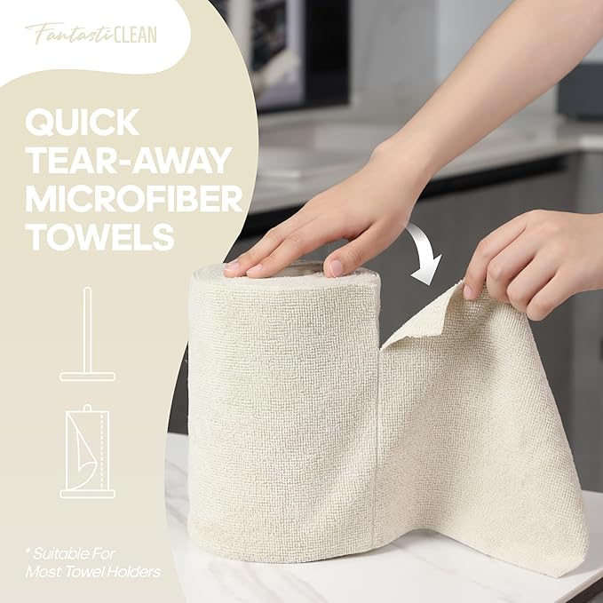 Fantasticlean Microfiber Cleaning Cloth Roll 2 Rolls 120 Pack, Tear Away Paperless Towels, 8" x 8", Reusable Washable Rags, Home Kitchen, Pet, Office, Indoor Outdoor, Compact Portable (Off-White)