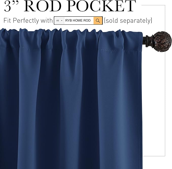 RYB HOME Bathroom Window Curtains - Super Soft Blackout Privacy Curtains for Baby Nursery Bedroom Basement Garege Workshop Kitchen Dining Living Room, W 29 x L 30, Navy Blue, 2 Pcs