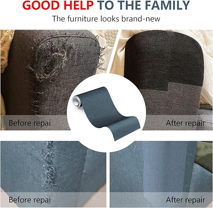 Fabric Repair Patches, Linen Repair Tape Self-Adhesive Fabric Patches Durable, DIY Large Linen Tape for Sofa, Couches, Furniture, Chair, Clothing （3.5X79 Inch, Blue Grey）