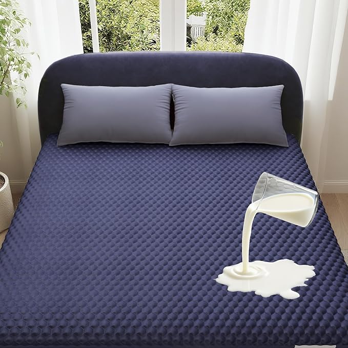 OhGeni 100% Waterproof Mattress Protector, Cal King Size Mattress Pad, Fits 6"-20" Mattresses with Deep Pocket, Cooling, Breathable Fitted Sheets, Soft Bed Cover, Noiseless, Washable(Navy Blue)