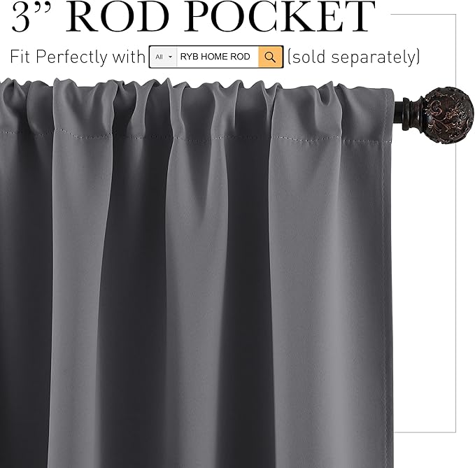 RYB HOME Small Curtains for Kitchen Window - Blackout Privacy Portable Curtain Set for Bedroom Office Bathroom Basement Garage Storage Enclosure RV Bunk, W 34 x L 30 inch, Grey, 2 Pcs