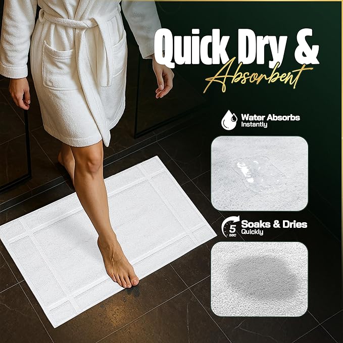 Pearl Linens Pack of 6 100% Cotton Bath Mat 18x25 inches, Soft & Absorbent Quick Dry Bathroom Mat Set, Not Bathroom Rugs, After Shower Mat, Bath Tub Mat, 687 GSM, Machine Washable, White