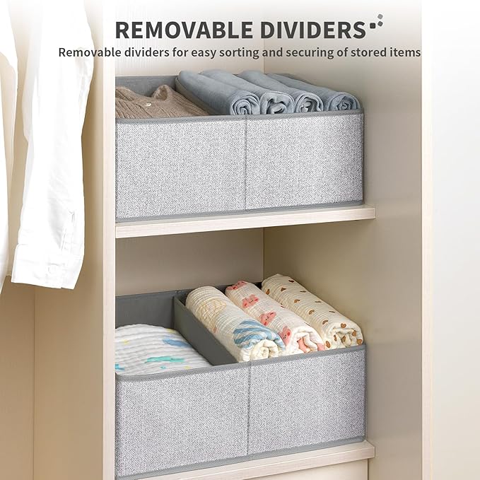 DIMJ Large Closet Shelf Organizer Bins 6 Packs with Handles and Divider, Fabric Trapezoid Storage Baskets, Foldable Clothes Containers Box for Shelf, Towel, Book, Toy, Purse, Hats, Grey