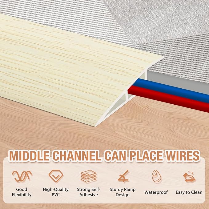 Floor Transition Strip Self Adhesive Vinyl Door Threshold for Doorways Carpet Edging Trim Overlap Edge Reducer for Laminate Floor, Carpet, Tile (Beige Wood Grain, 3/5" to 4/5", 10Ft)