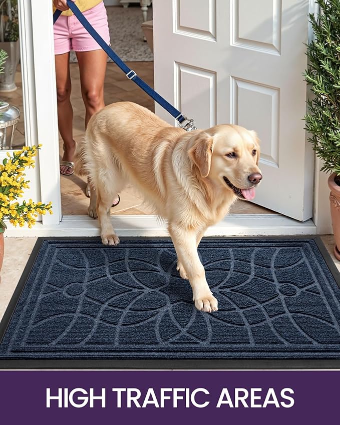 DEXI Front Door Mat Outside Entrance, Heavy Duty Non Slip Low Profile Doormat for Entryway, Trap Dirt and Moisture Welcome Mats, Easy Clean, Patio, Garage, 6x4, Blue