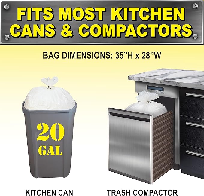 Heavy Duty Kitchen Compactor Bags, Twist Tie Closure, White, Clean Fresh Scent with Odor Protect Technology, 20 Gallon, 20 Count