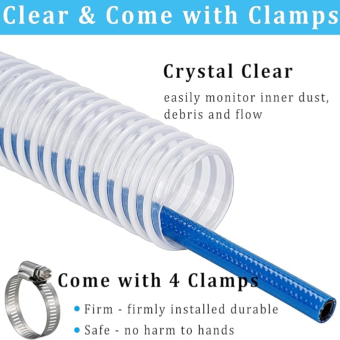 Dust Collection Hose 2-1/2 in × 10 ft Heavy Duty Clear Flexible PVC Reinforced Thicken Helix Suction Discharge Corrugated Pipe Hose for Fume Dust Collector Fitting Wood Chip Saw (2.5 inch hose)