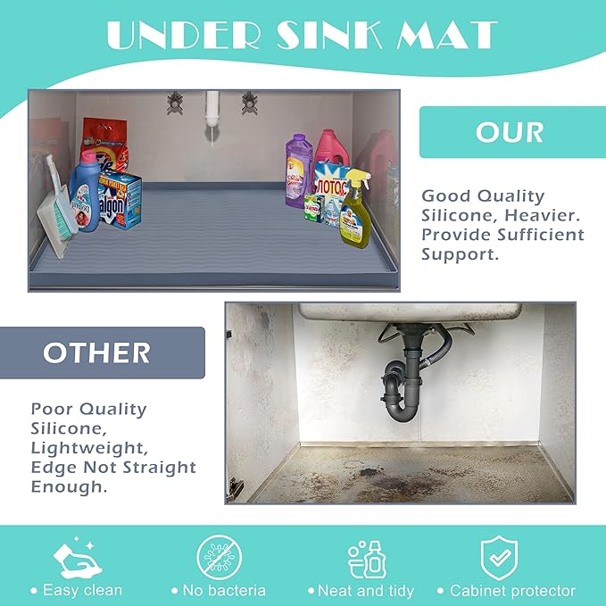 URMONA Waterproof Silicone Under Sink Mat 19'' x 12'' Shelf Liner for Kitchen and Bathroom, Cabinet and Counter Protector, Storage and Organizers, Litter Mat, Pet Cat Puppy Essentials(Black)