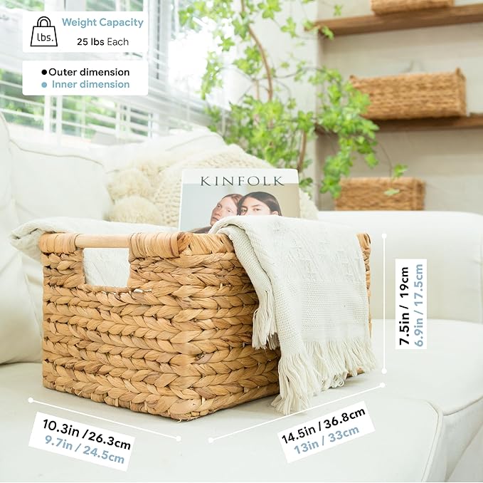 VATIMA Large Rectangular Wicker Basket with Wooden Handles for Shelves and Storage - Natural Water Hyacinth Basket for Organizing, 14.5 x 10.3 x 7.5 inches