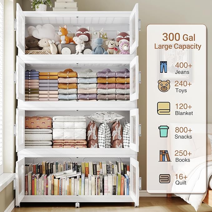 BROVIEW 1200 Qt Stackable Storage Bin with Lid, 300Gal Extra Large Collapsible Storage Boxes, Folding Plastic Drawer, Heavy-Duty Store Cabinet, Closet Organizer for Home Kitchen, 4 Pack White