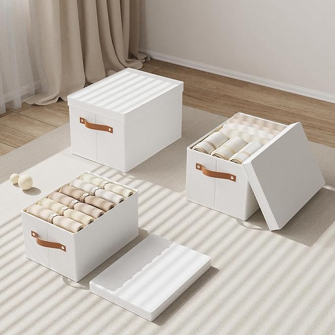 Fabric Storage Bins, 7.1 x 9.1 x 13 Inch Clothes Boxes for Shelves with Lids, Baskets for Organizing with Handles, Decorative Linen Closet Organizers, White, 3 Pack