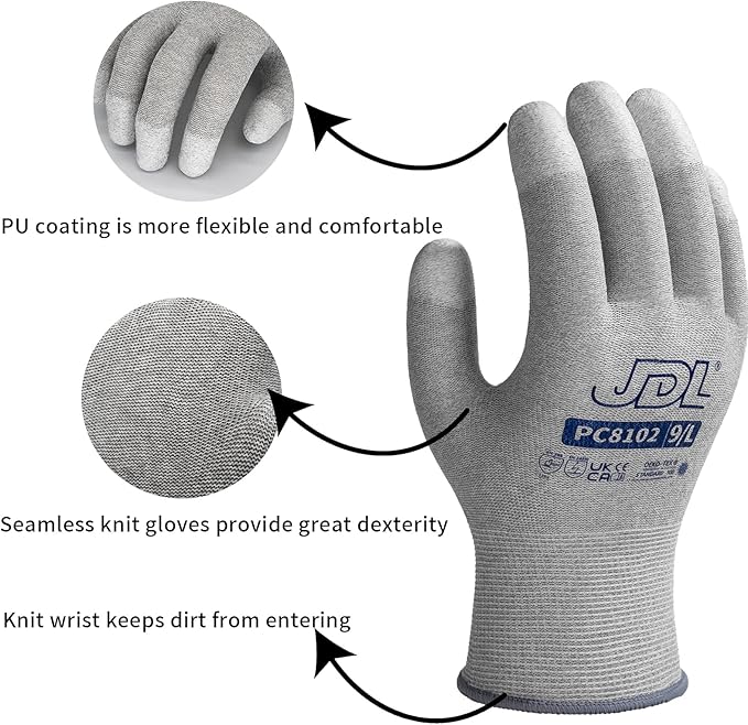 JDL ESD Work Gloves, Anti-Static Gloves for PC Building, 12 pairs, Computer Installation & Repair, High Resistance Carbon Fiber Gloves, Medium
