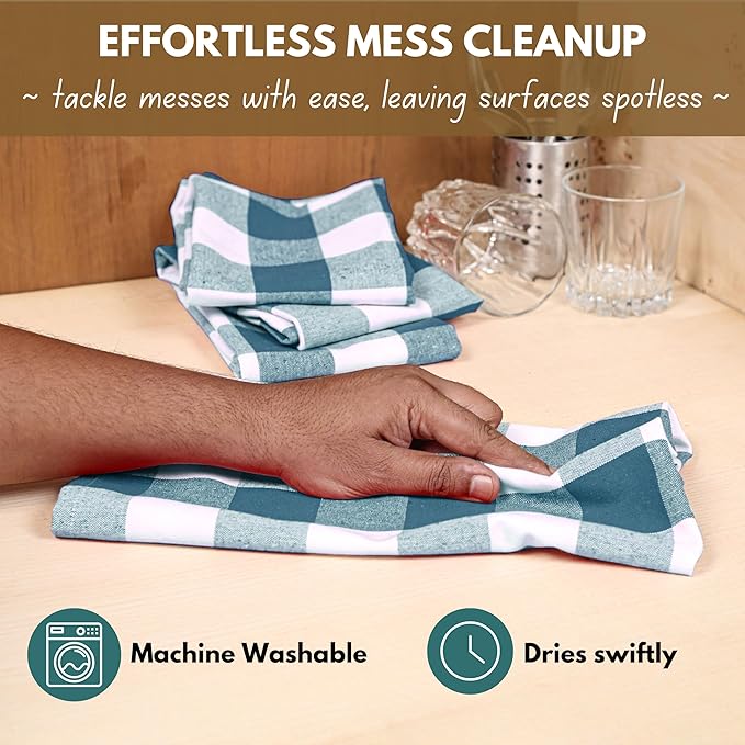 Native Fab 12-Pack Kitchen Towel with Hanging Loop 16x26 inches, Cotton Buffalo Check Kitchen Towels for Cleaning Drying, Washcloths Soft & Absorbent Cloth Rags, Bar Towel, Dish Cloth, Teal Green