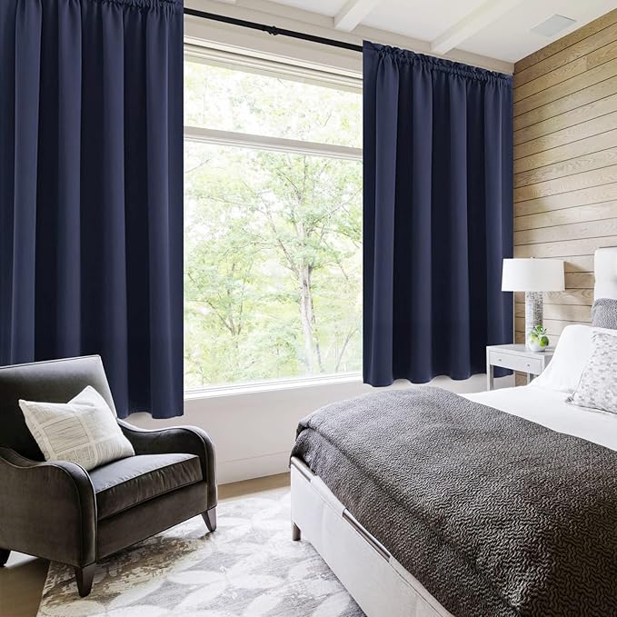 DWCN Navy Room Darkening Blackout Curtains - Thermal Insulated Privacy Energy Saving Window Curtain Drapes 52 x 63 inch Length, Set of 2 Bedroom Living Room Curtains