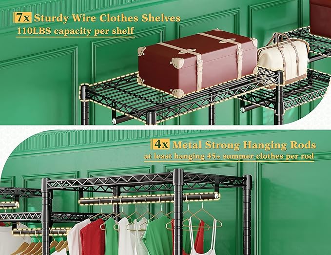 Raybee Clothes Rack, 725 LBS Clothing Rack Adjustable Clothing Racks for Hanging Clothes Metal Wire Garment Racks Sturdy Clothes Rack, 77" H x 70.5" W x 13.8" D, Black