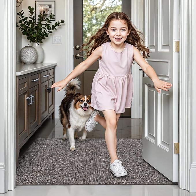 LUMI Ultra Thin Door Mat for Entryway, 24"x36" Low Profile Non Slip Rubber Backing Indoor Doormat, Easy Clean Welcome Entrance Mat for Inside House, Patio, Brown
