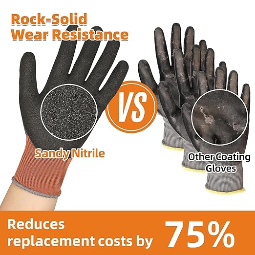Schwer 12 Pairs Safety Work Gloves with Sandy Nitrile Coating LT5626, Max Abrasion Resistance Heavy Duty Gloves with Grip for Men Women, Ideal for General Use, Mechanic, Construction, Gardening, XS