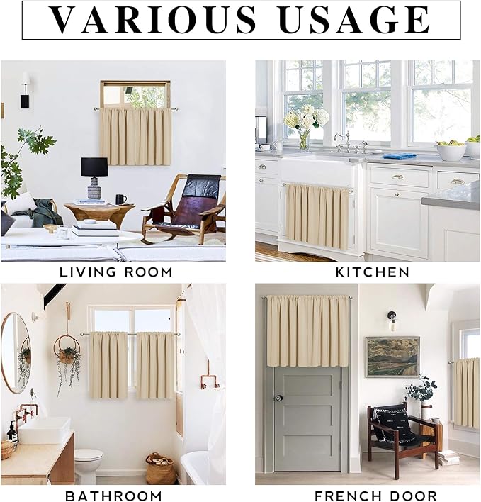 RYB HOME Small Curtains for Kitchen Window - Blackout Privacy Portable Curtain Set for Bedroom Office Bathroom Basement Garage Storage Enclosure RV Bunk, W 34 x L 30 inch, Biscotti Beige, 2 Pcs