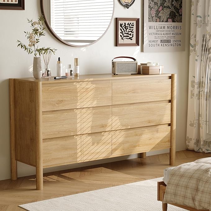 Dresser for Bedroom with 6 Drawers,47" Wide Oak Dresser with 4 Solid Wood Legs, Wooden TV Stand,Closet Clothes Organizer for Bedroom, Hallway