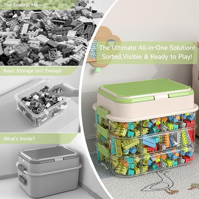 Toy Storage Organizer Box with Handle, Stackable Building Block Toy Box with Building Plate Lid & Removable Sorting Trays, Cubby Bins and Containers 1 Layer (Green)