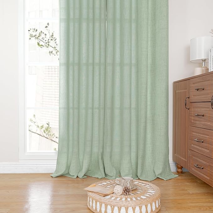 YoungsTex Sage Green Curtains 80 Inch Length for Living Room, Semi Sheer Linen Drapes Light Filtering with Back Tab Rod Pocket for Bedroom Office Spring Window Treatments, 52 X 80 Inch, 2 Panels