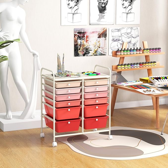 GOFLAME 12-Drawer Rolling Storage Cart, Multipurpose Organizer Cart with 2 Sizes Plastic Drawers, Mobile Utility Cart with Lockable Casters for School, Home Office, Beauty Salon, Gradient Pink