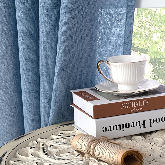 YoungsTex Denim Blue Linen Curtains 63 Inch Length for Bedroom - Light Filtering Semi Sheer Drapes with Back Tab Rod Pocket for Short Window Living Room Office Kitchen, 52 x 63 Inch, 2 Panels