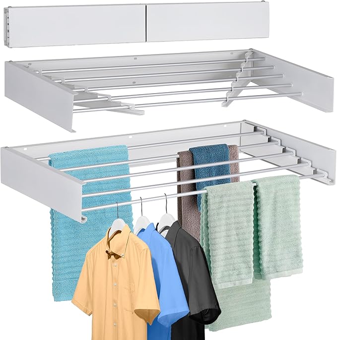FOCHIER F Laundry Drying Rack Wall Mounted Clothes Drying Rack Collapsible with 5 Aluminum Rods and Drilling Template Long Screwdriver Bit 60 lbs Capacity (White, 31.5")