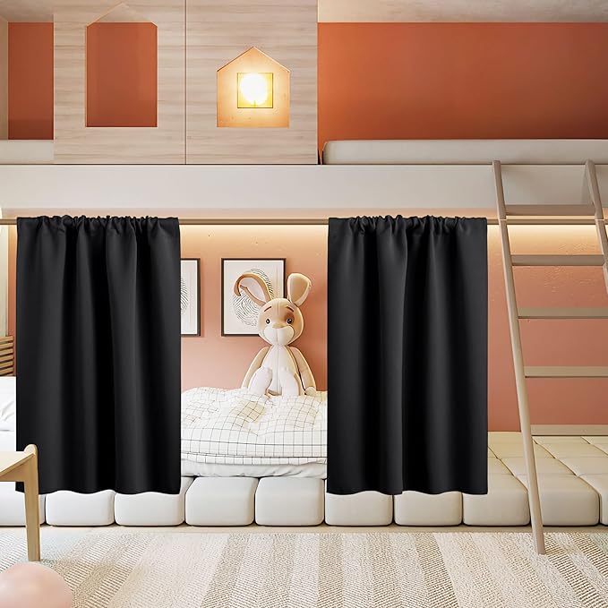 RYB HOME Small Curtains for Kitchen Window - Blackout Privacy Portable Curtain Set for Bedroom Office Bathroom Basement Garage Storage Enclosure RV Bunk, W 34 x L 30 inch, Black, 2 Pcs