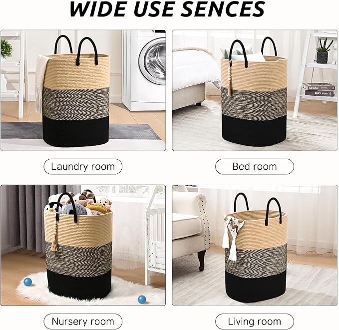 Woven Laundry Basket for Clothes, 65L Large Rectangle Laundry Hampers with Beads Tassel, Nursery Storage Basket for Toys, Tall Dirty Clothes Hamper for Bedroom Aesthetic, Laundry Room Organization