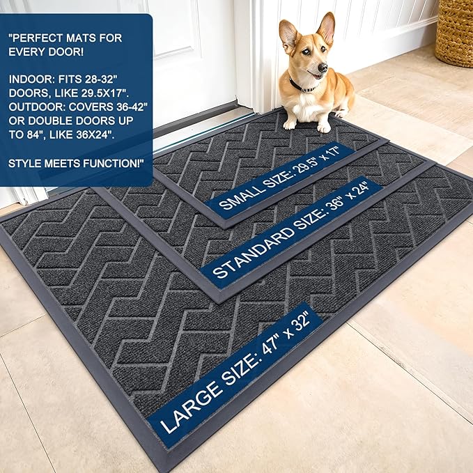 OLANLY Front Door Mat Indoor Outdoor Entrance, Waterproof All-Season, All-Weather Doormat, Sturdy Natural Rubber, Low Profile, Easy Clean Patio Porch Entryway Mat, Herringbone Brick (Grey, 47x23)