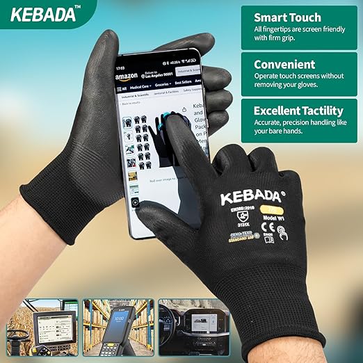 Kebada W1 Work Gloves for Men and Women, PU Coated Safety Gloves with Grip, Touchscreen, Ideal for Warehouse Package Handling, Construction, Gardening, Black Small