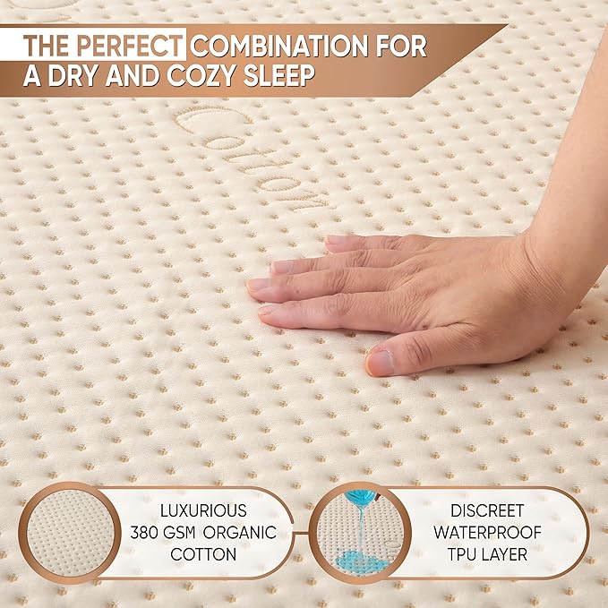 Luxury Waterproof Organic Mattress Protector Queen - Organic Cotton Breathable Mattress Pad Cover - New 380 GSM Comfort - Deep Pocket - Jersey Cotton Skirt - Fitted Comfort