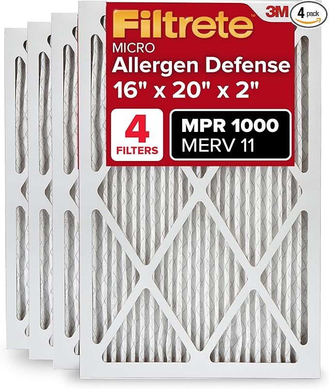 Filtrete 16x20x2 AC Furnace Air Filter, MERV 11, MPR 1000, Allergen Defense, 3-Month Pleated 2-Inch Electrostatic Air Cleaning Filter, 4 Pack (Actual Size 15.5 x 19.5 x 1.75 in)