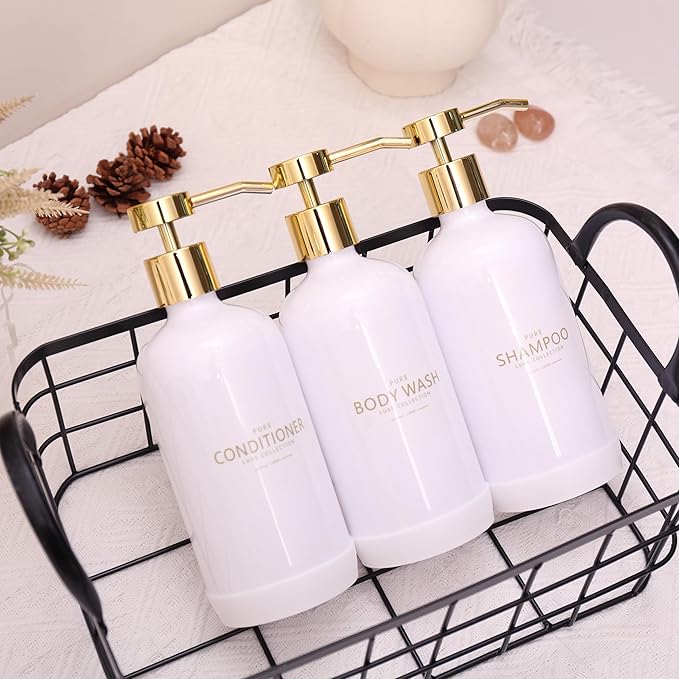 Shampoo and Conditioner Dispenser Set of 3,Refillable 20.5OZ Shampoo Bottles with Non-Slip Protective Silicone Pad,Shower Soap Dispenser with Waterproof Labels for Bathroom (White)