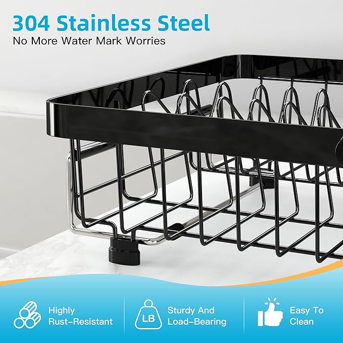 romision Expandable Dish Drying Rack Over The Sink Small Metal Stainless Steel Plate Holder for Compact Kitchen, Space Saving Modern Black Hanging Drainer
