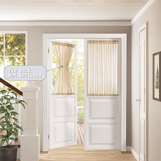 Tollpiz Short Sheer Door Curtains Closet Linen Textured Curtains Sheer Doorway Light Filtering Voile Patio Glass Door Rod Pocket Curtain French Door, 54 x 40 inches Long, Beige, Set of 1 Panel