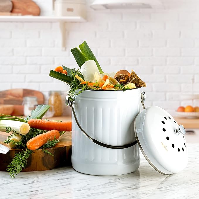 RED FACTOR Premium Compost Bin for Kitchen Countertop - Stainless Steel Food Waste Bucket with Innovative Dual Filter Technology - Includes Spare Filters (White, 1.3 Gallon)